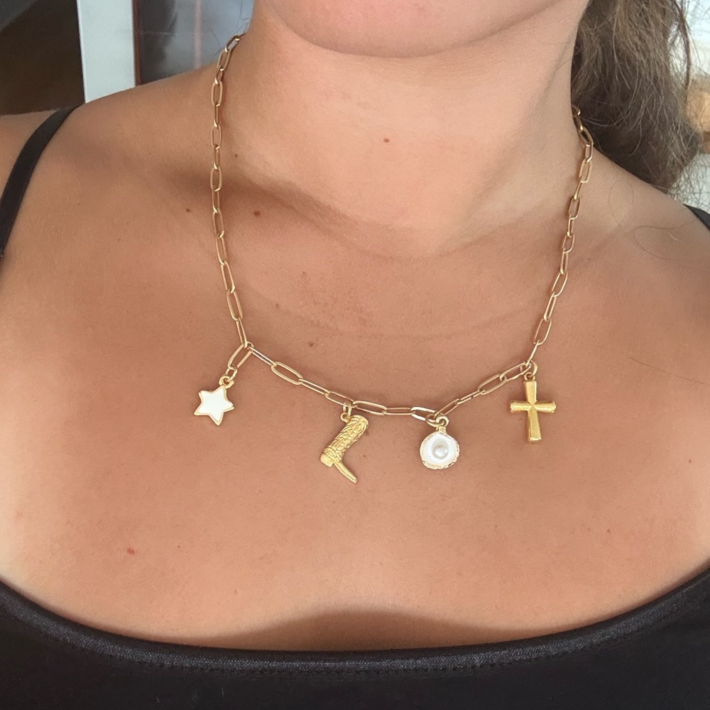 Gold Charm Link Necklace with White Star, Pearl, Horn & Cross